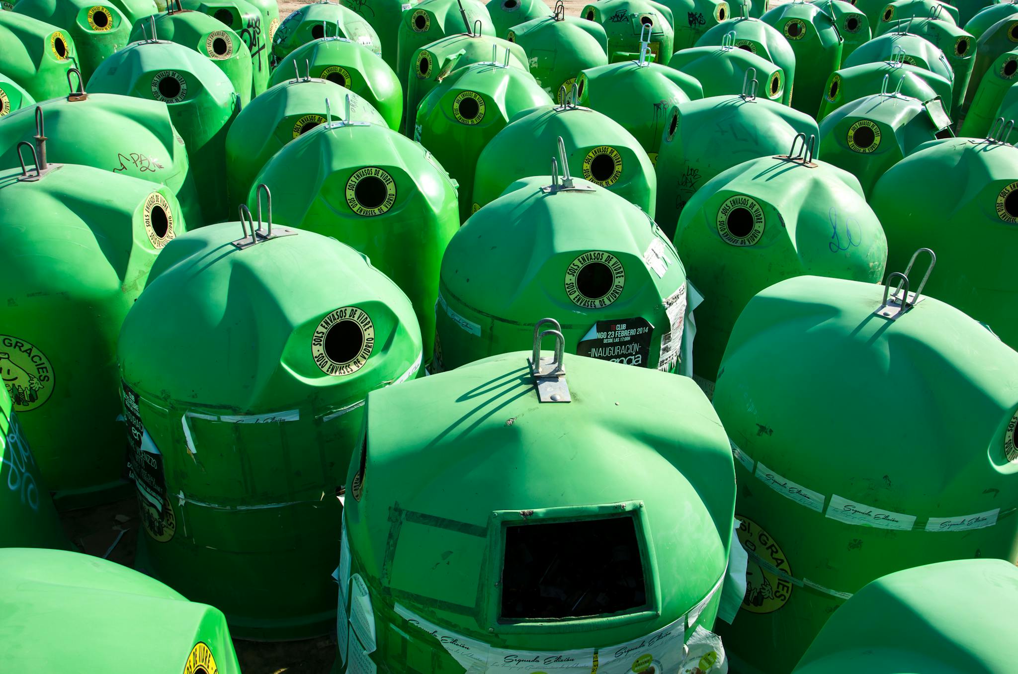 Numerous green recycling bins are arranged outdoors, catching sunlight on a clear day.